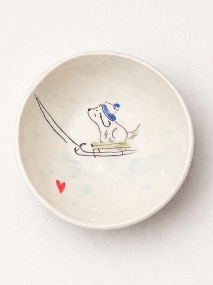 Пиала ручной работы НАДО ЖЕ с росписью «Собачка на санках», белая, керамика, 10 см, фото 1.
