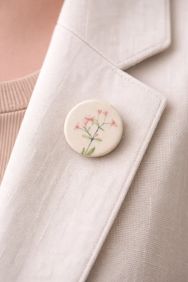 Брошь ручной работы Elizabeth Madar Оттиск трав с розовым цветком № 2, керамика, фото 3.