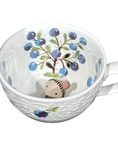 Чашка для чая ручной работы Мадам де Тюль с фигуркой внутри Ёжик, бело-синяя, фарфор, 250 мл