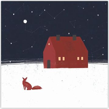 Квадратная зимняя сканди открытка «Красный домик и лиса», фото 1.