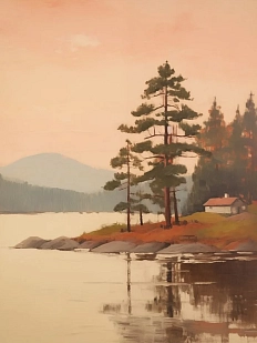 Постер интерьерный DARI DARI «Пейзаж - сосны у озера», А4