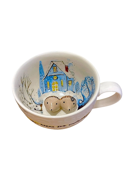 Чашка для чая ручной работы Мадам де Тюль с фигуркой внутри Ёжики, бело-голубая, фарфор, 250 мл, фото 1.