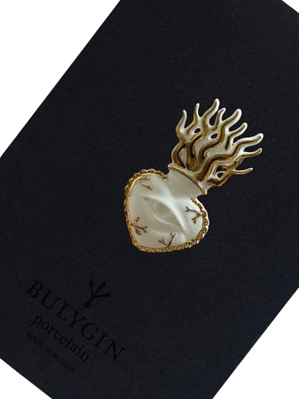 Брошь ручной работы Фарфор Булыгина «Огненное сердце», бело-золотистая, фото 3.