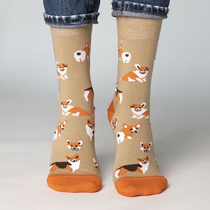 Носки «Человек - человеку волк, а корги - корги корги!», р-р 42-46, светло-коричневые, фото 1.