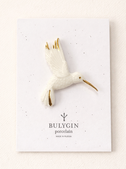 Брошь ручной работы Bulygin «Колибри», бело-золотистая, фарфор, фото 1.