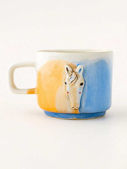 Кружка ручной работы с фигуркой «Лошадка», оранжево-голубая, полуфарфор, 250 мл, фото 1.