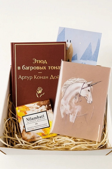 Подарочный набор на Новый год с книгой «Этюд в багровых тонах», блокнотом и шоколадом, фото 2.
