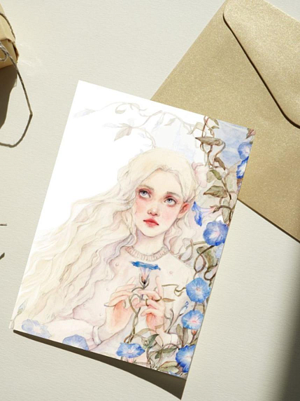 Открытка Оксана Викторова «Девочка с голубым вьюнком», односторонняя, фото 1.