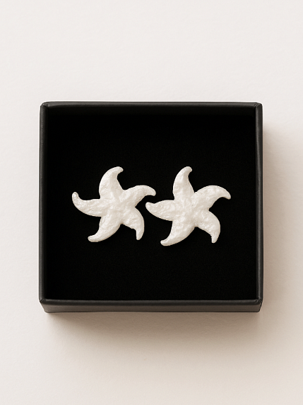 Сережки-гвоздики «Морские звёздочки», белые, фарфор, фото 1.