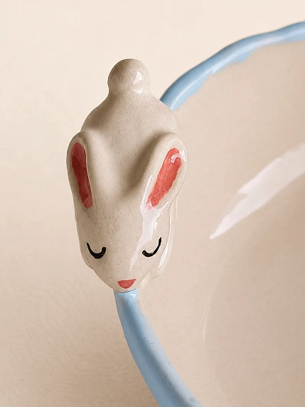 Глубокая тарелка ручной работы «Кролик», голубая, керамика, 15 см, фото 3.