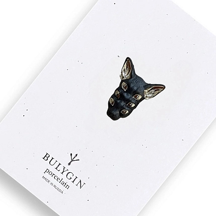 Брошь ручной работы Фарфор Булыгина «Кошка 6 глаз», чёрно-серебристая, фото 3.