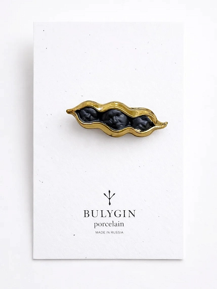 Брошь ручной работы Фарфор Булыгина «Горох», чёрно-золотистая, фото 1.