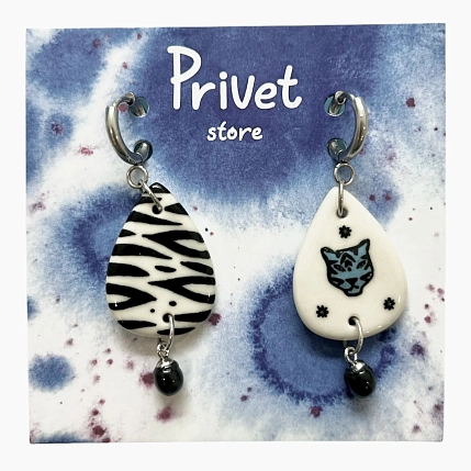 Серьги-конго Звер «Зебра и синий тигр», керамика, белые, фото 1.