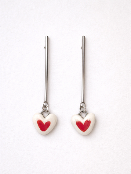 Серьги на длинной петле Сердечки, керамика, красно-белые, фото 2.