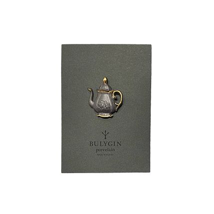 Брошь ручной работы Bulygin «Кофейник», фарфор, чёрно-золотистая, фото 2.