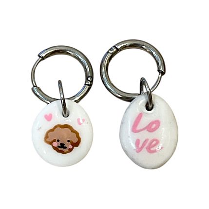 Серьги-конго с овальной подвеской «Собачка и Love», полимерная глина, фото 1.