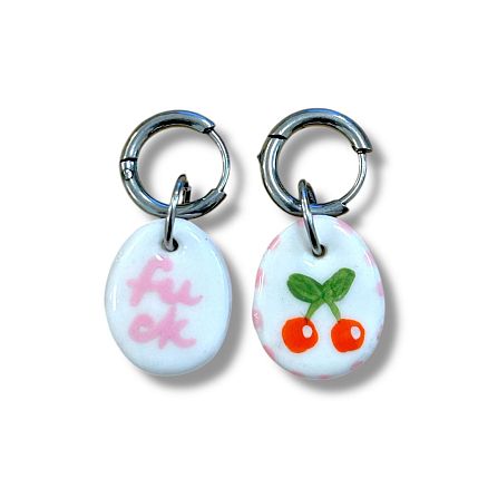 Серьги-конго «F**k и вишенки», полимерная глина, фото 1.