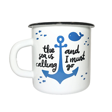Эмалированная кружка «Sea is calling», белая, 400 мл, фото 1.
