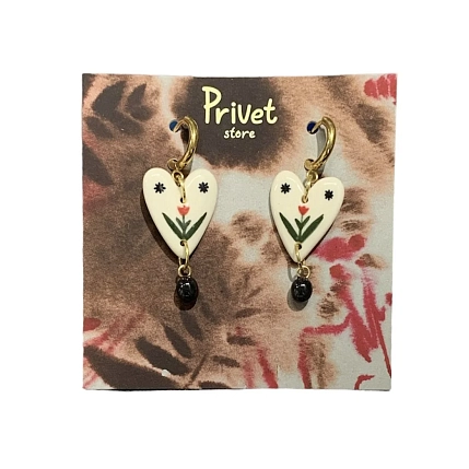 Серьги-конго Звер ручной работы с бусиной «Сердце с цветком», разноцветный, керамика, фото 1.