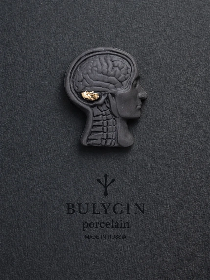 Брошь ручной работы Фарфор Булыгина «Мозг», чёрно-золотистая, фото 1.