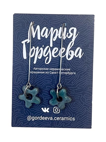 Серьги на длинной петле Цветочки, керамика, бирюзовые, фото 1.