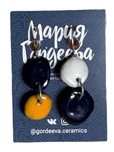 Серьги Мария Гордеева асимметричные составные, керамика, синие с жёлтым и белым