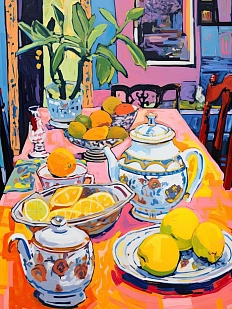 Постер интерьерный DARI DARI «Яркий натюрморт с фруктами и чайниками», А4