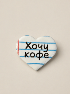 Брошь-сердце ручной работы Мастерская уютных радостей «Хочу кофе», полимерная глина