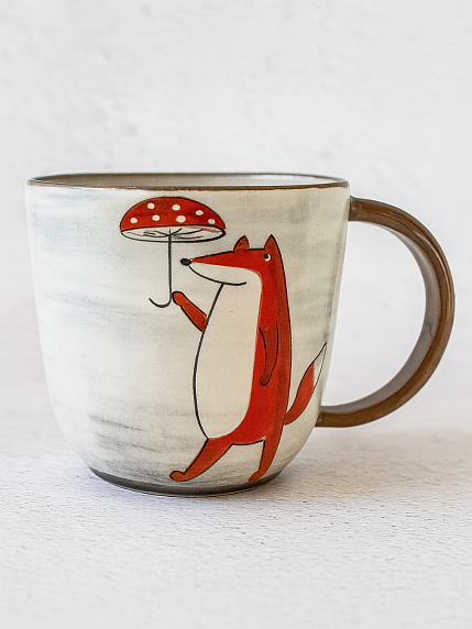 Кружка ручной работы с росписью Лис с зонтиком-мухомором, керамика, 450 мл, фото 1.