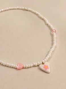 Чокер ручной работы Радость Рядом «Розовый цветочек в сердечке», полимерная глина, бисер, белый 