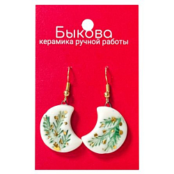 Серьги ручной работы «Еловые ветви»‎, полные полумесяцы, фарфор и золото