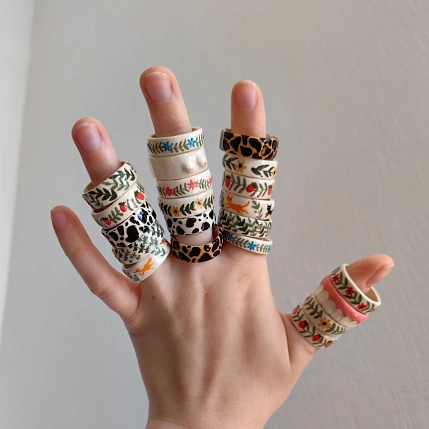 Кольцо Боттери керамика в голубой цветочек, керамика, фото 4.