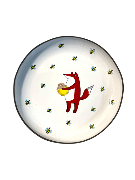Тарелка ручной работы с бортиком Лис с медом, белая, 17 см, фото 1.