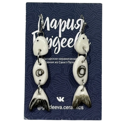 Составные серьги Мария Гордеева «Рыбы», керамика, чёрно-белые, фото 1.