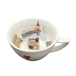 Чашка для чая ручной работы с фигуркой внутри Кот на маяке, разноцветная, фарфор, 250 мл