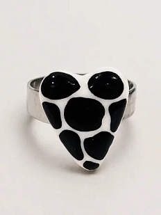 Кольцо Радость Рядом ручной работы с принтом «Сердце», чёрно-белое, незамкнутое, полимерная глина