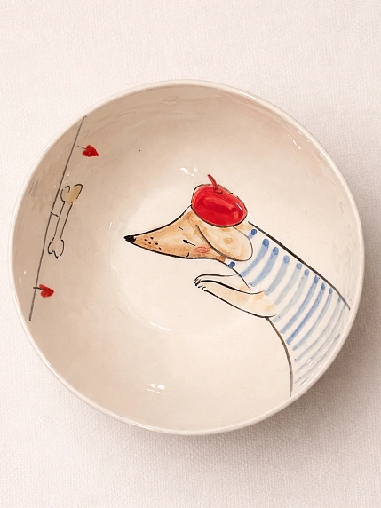 Пиала ручной работы НАДО ЖЕ с росписью «Такса», белая, керамика, 14 см, фото 1.