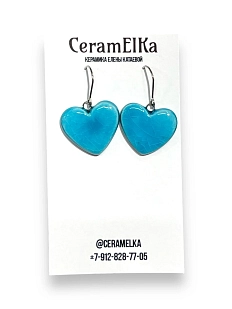 Серьги КерамЕлКа на петле Сердца, керамика, голубые
