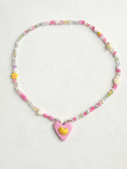 Чокер ручной работы Радость Рядом с сердечком «Цыплёнок», полимерная глина, бисер, фото 2.