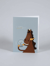 Открытка с деревянными элементами «C Новым иго-годом c конём и пингвинами», открывающаяся, BOE