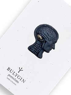 Брошь ручной работы Bulygin «Мозг», фарфор, чёрно-серебристая