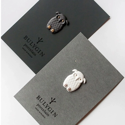 Брошь ручной работы Фарфор Булыгина «Сова», бело-золотистая, фото 5.