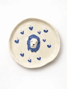 Тарелка ручной работы Мария Гордеева с фигуркой Лев с синими сердечками, полуфарфор, 13 см