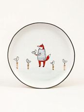 Тарелка ручной работы с бортиком Лис и чайки, белая, 21 см