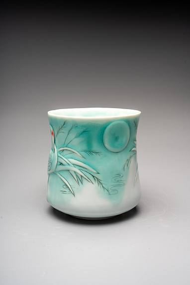 Кружка ручной работы «Журавли», бирюзовая, фарфор, 300 мл, фото 2.