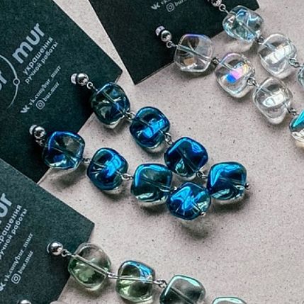 Серьги «Ice», ювелирный сплав, художественное стекло, синие, фото 1.