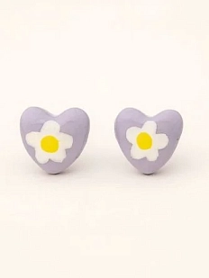 Серёжки-гвоздики Радость Рядом «Сердечки с цветочками», полимерная глина, сиреневые