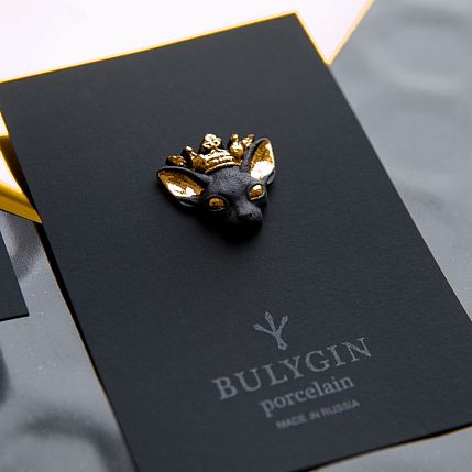 Брошь ручной работы Bulygin «Королева кошек», фарфор, чёрно-золотистая, фото 4.