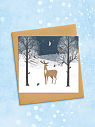 Квадратная зимняя сканди открытка «Олень в ночном лесу», превью фото 2