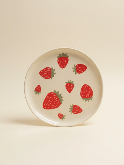 Тарелка ручной работы Малёма с росписью Клубника, коричневая, керамика, 21 см, фото 1.